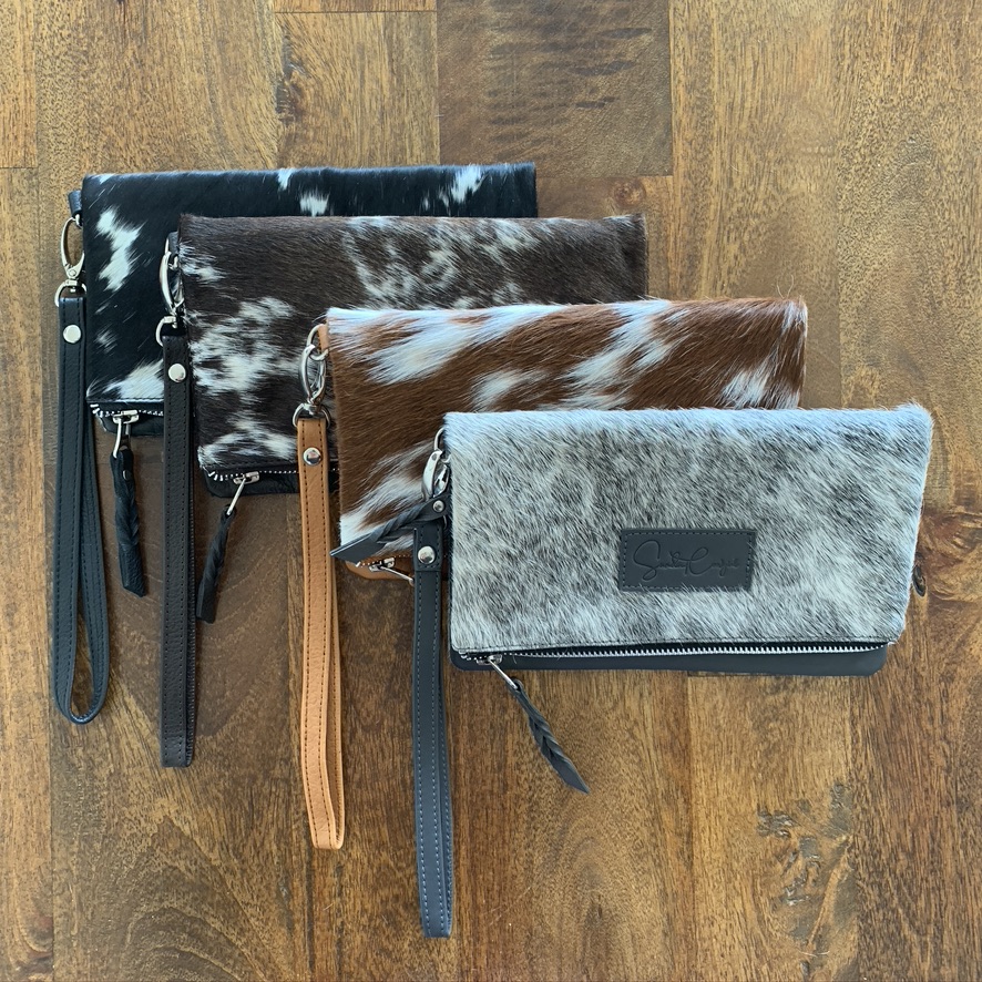 Para – Brown and White Cowhide Clutch with Tooling Details - Cowhide Bags  Australia